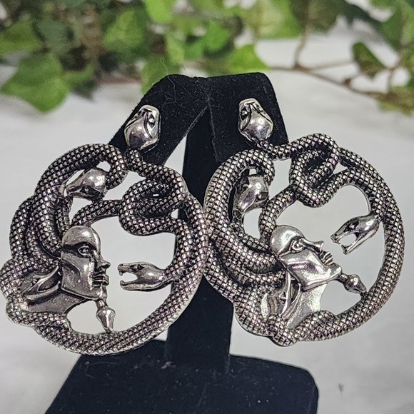 Unique Silver Medusa with Snake Statement Earrings - Picture 4 of 6